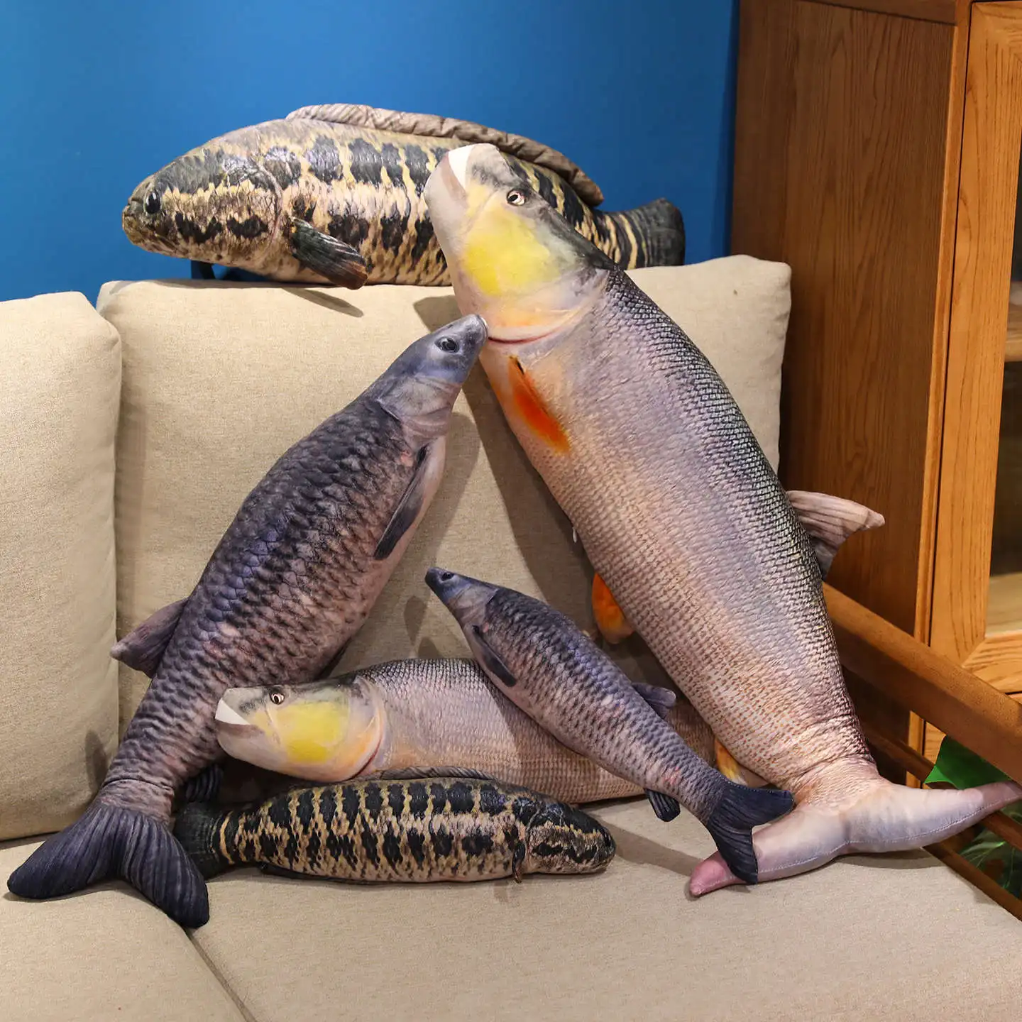 40-100 cm Gevulde Gesimuleerde Snakehead Schroef Groene Vis Yellowcheek Knuffel Gevuld Zacht Levensechte Vis Kussen voor Home Decor