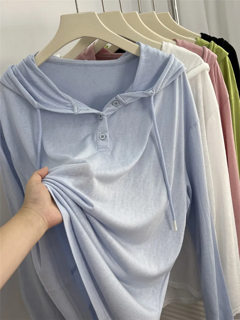 

Летняя термостойкая женская футболка с длинным рукавом из ледяного шелка, свободного кроя, в корейском стиле, для прохлады и защиты от кондиционеров