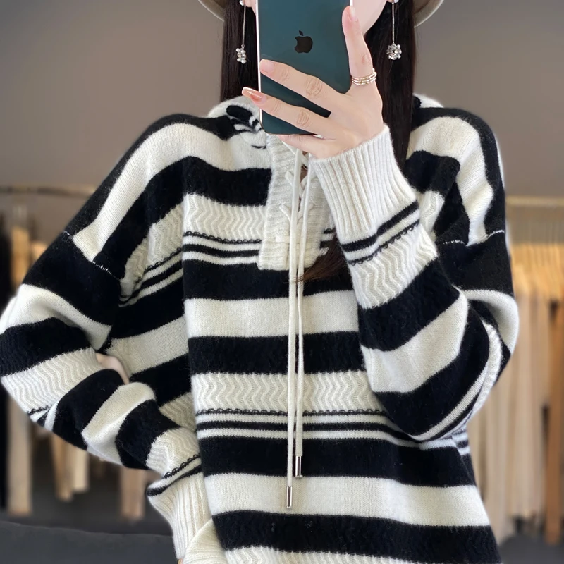 Women's Striped Color Matching Hooded Sweater, Long-Sleeved Pullover, Loose Top, 100% Pure Wool, Fall, Winter Fashion