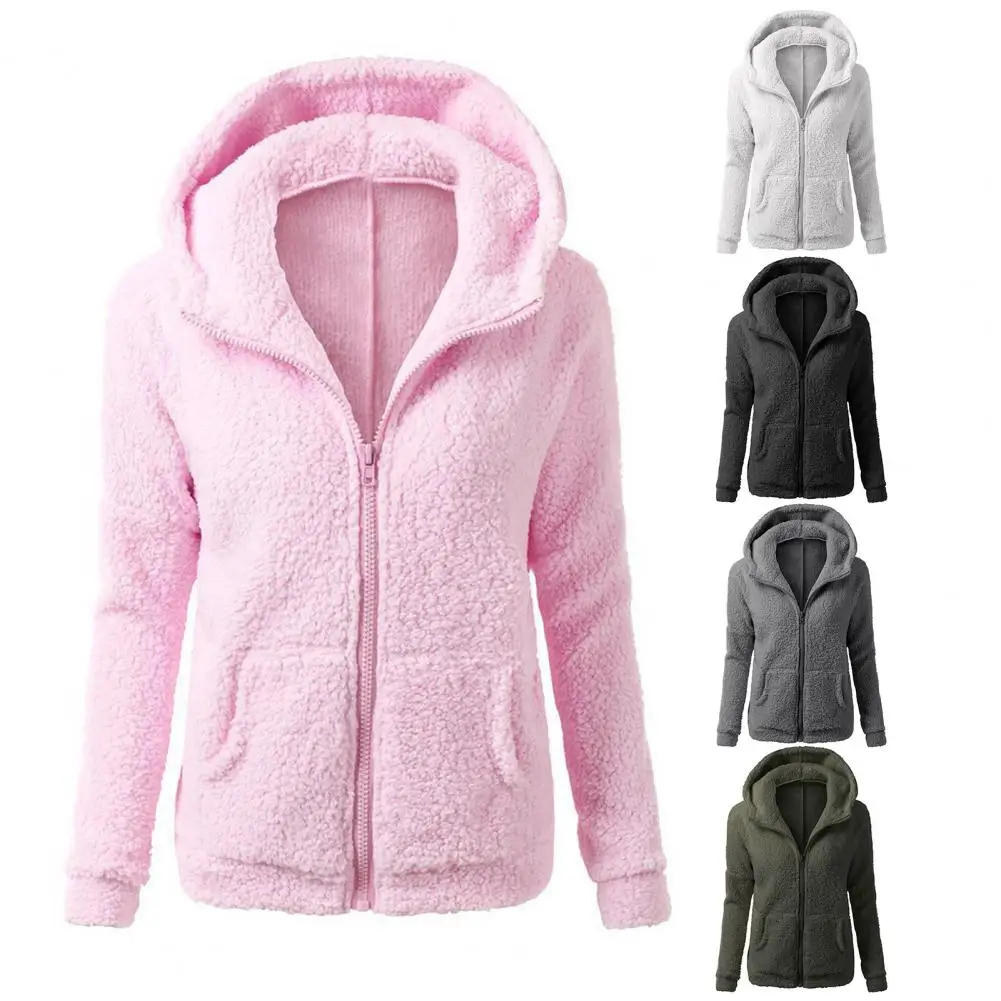 

Hooded Women Coats Warm Plush Cardigan Jacket Casual Girls Zipper Sweatshirt Female Leisure Thermal Coats for Daily Wear