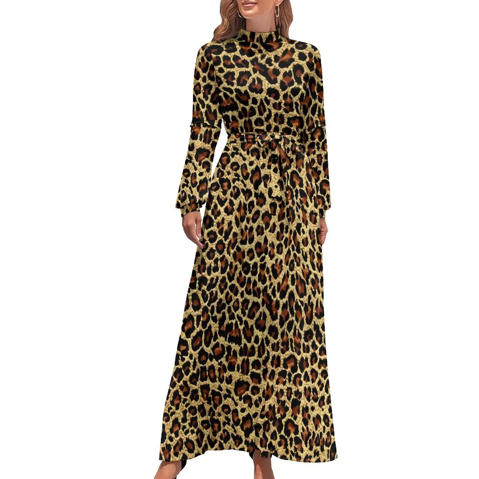 

Classic Leopard Dress Retro Animal Print Party Graphic Maxi Dress High Waist Long Sleeve Streetwear Beach Long Dresses