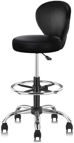 Black PVC Faux Leather Drafting Chair Rolling Swivel Salon Stool Seat Adjustable Height 36 Inch with Back Support Foot