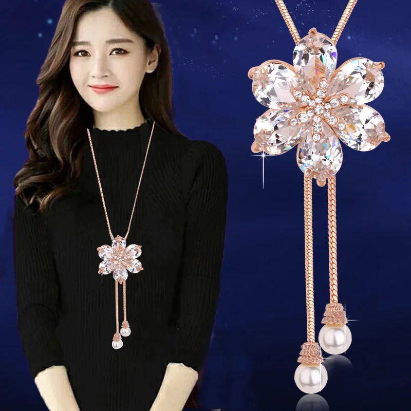 Snow Shaped Pink White Zircon Long Necklace Sweater Chain Fine Metal Cute Crystal Rhinestone Flower Pendant Necklaces Adjustable