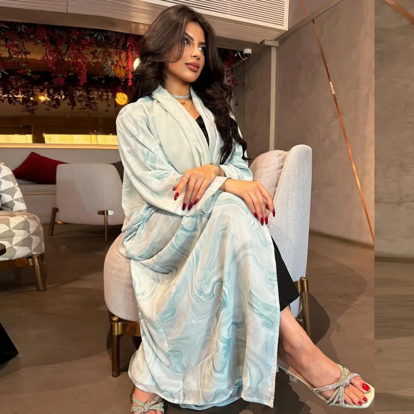 Robe Cardigan avec foulard pour femmes, mode musulmane Abaya, veste imprimée en mousseline de soie, Robe de dubaï du moyen-orient