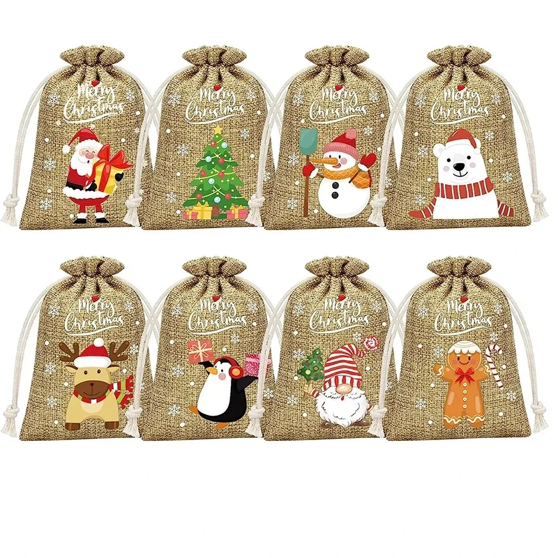 12Burlap Gift Wrapping bags 2023 Merry Xmas rustic Farmhouse home Fireplace Mantle Christmas tree decoration kid boy girl