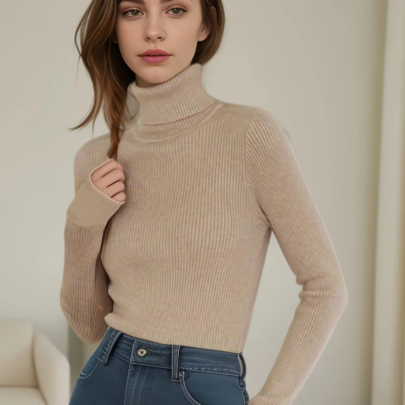 

New Fall Autumn and Winter Semi-turtleneck Lady's Long Sleeve Sweater Fashion Casual Slim-fit Solid Color Knitted Bottom Shirt