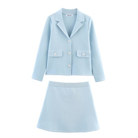 Women's Suit Summer 2025 New Blue Long Sleeve Knitted Jacket Mini Skirt Set Elegant and Fashionable Celebrity Style