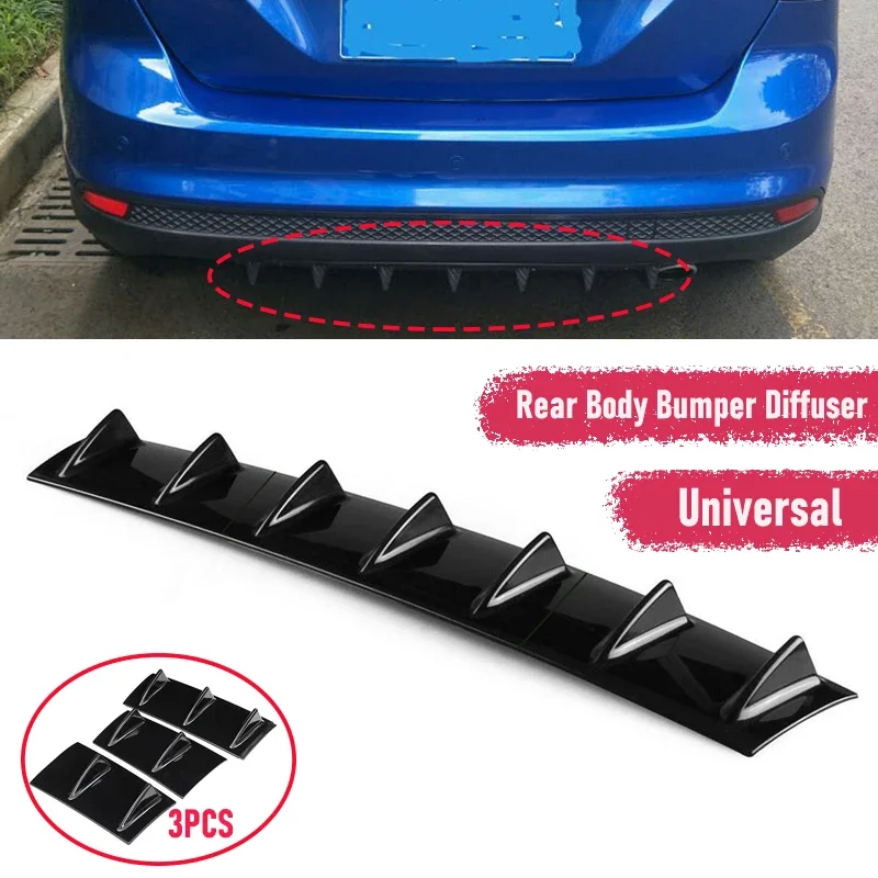 

New 3PCS Universal Rear Bumper Spoiler Diffuser Gloss Black 7 Wing Shark Fin Style Lower Body Lip