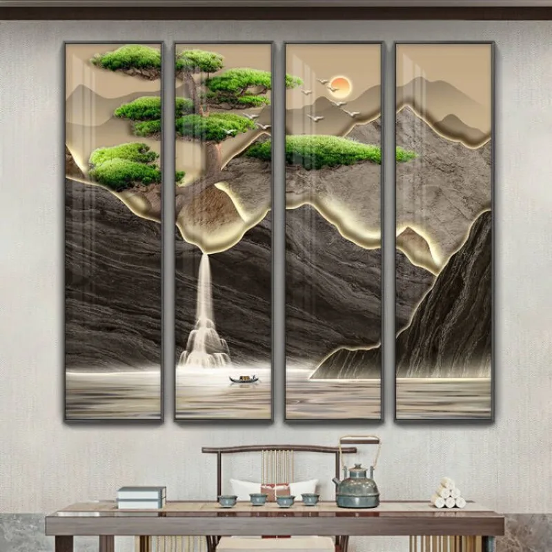 hanging painting, new Chinese-style sofa background wall decorative painting, four-screen tea room painting in the middle hall