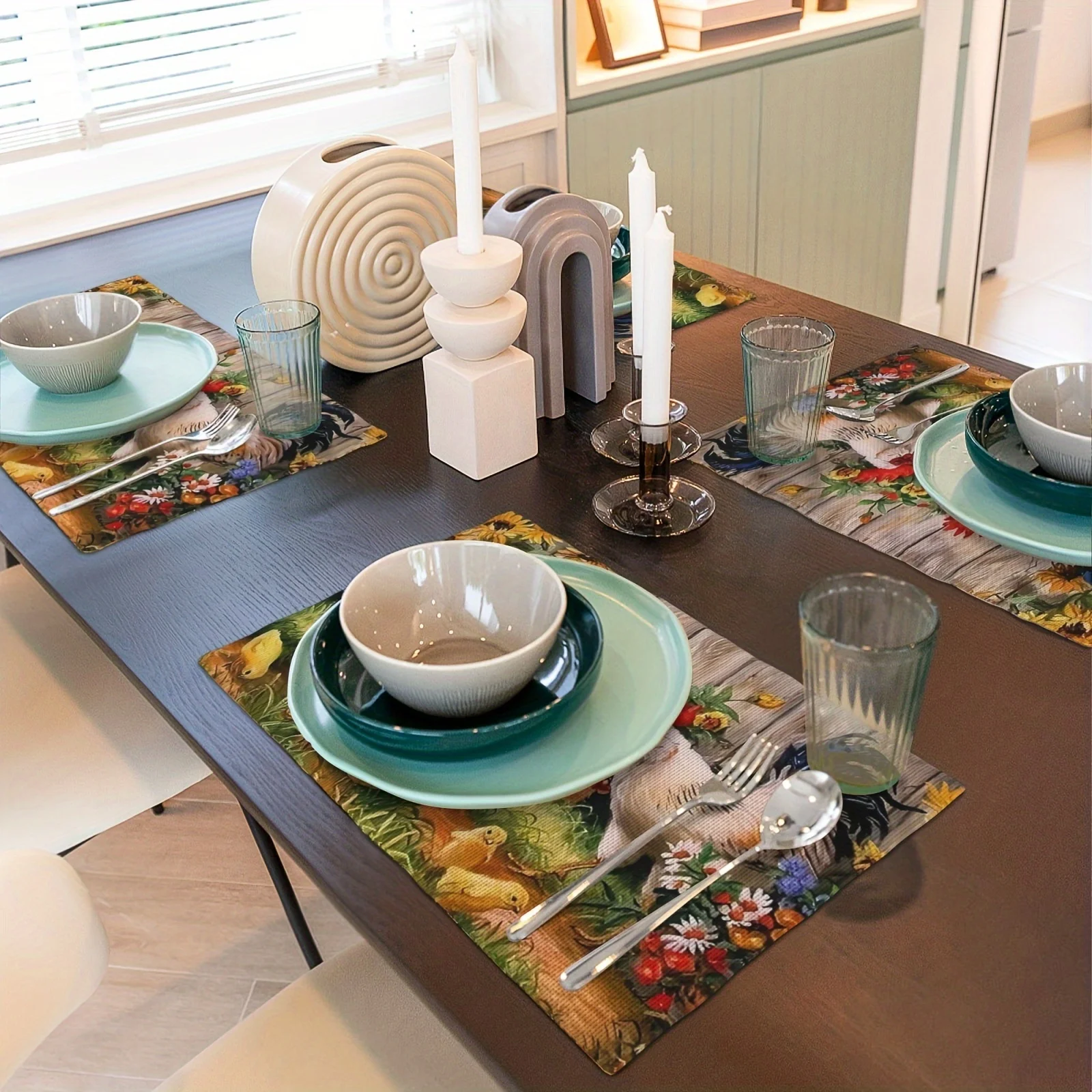 4pcs, Rooster, Hen, Chicken Fl - Linen Table Runner recension och pris