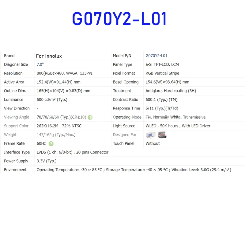 G070Y2-L01 7.0 Inch Original LCD Display Screen Panel Brand New for Auo Fast Shipping Before 100% Tested