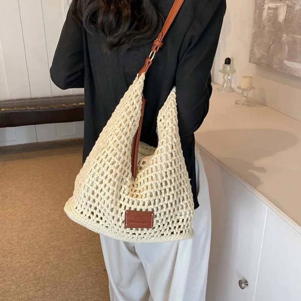 

Сплошной цвет, большая вместительная вязаная сумка-тоут, легкая полая тканая сумка в корейском стиле, полиэстер, хлопок, вязаная сумка, женская