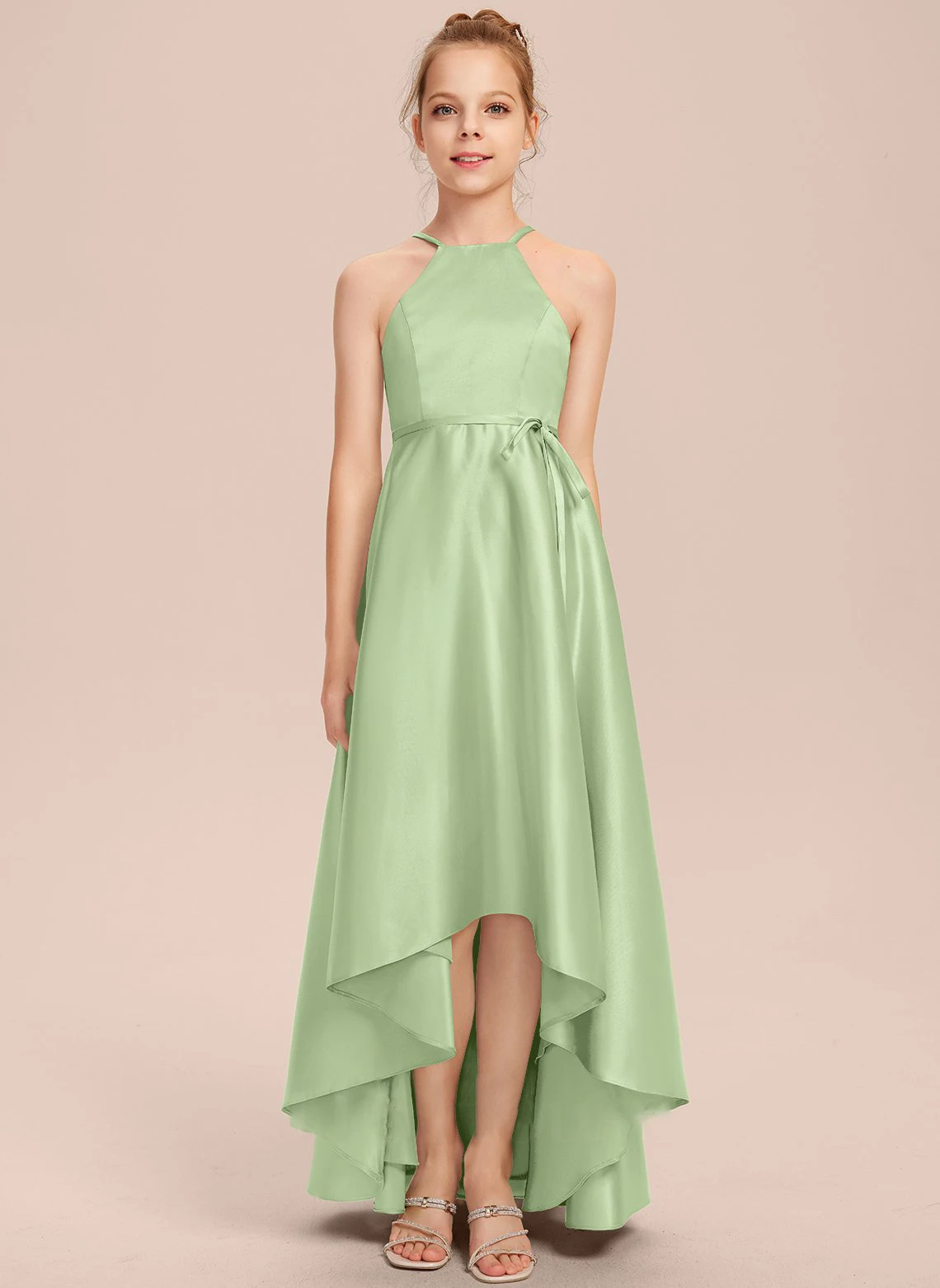 A-line Halter Asymmetrical Satin Junior Bridesmaid Dress Wedding Party Dresses Junior Bridesmaid Dresses