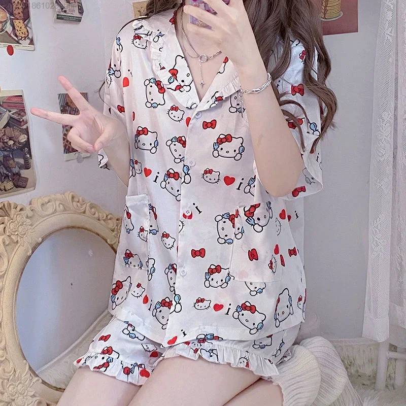 Sanrio Kuromi Hello Kitty Pajamas Women Nightgown Loose Cute Soft Girl Summer New Short Sleeved Sleepwear Home Clothe Sets Y2k