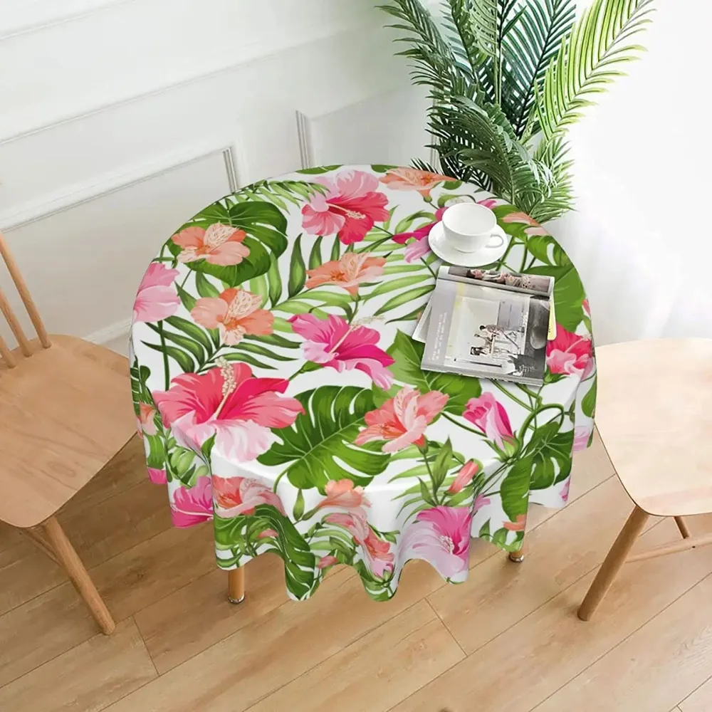 Hawaiian Blooming Hibiscus and Palm Tablecloth Tropical Leaves Round Table Cover Washable Polyester Tablecloth for Picnic Dining
