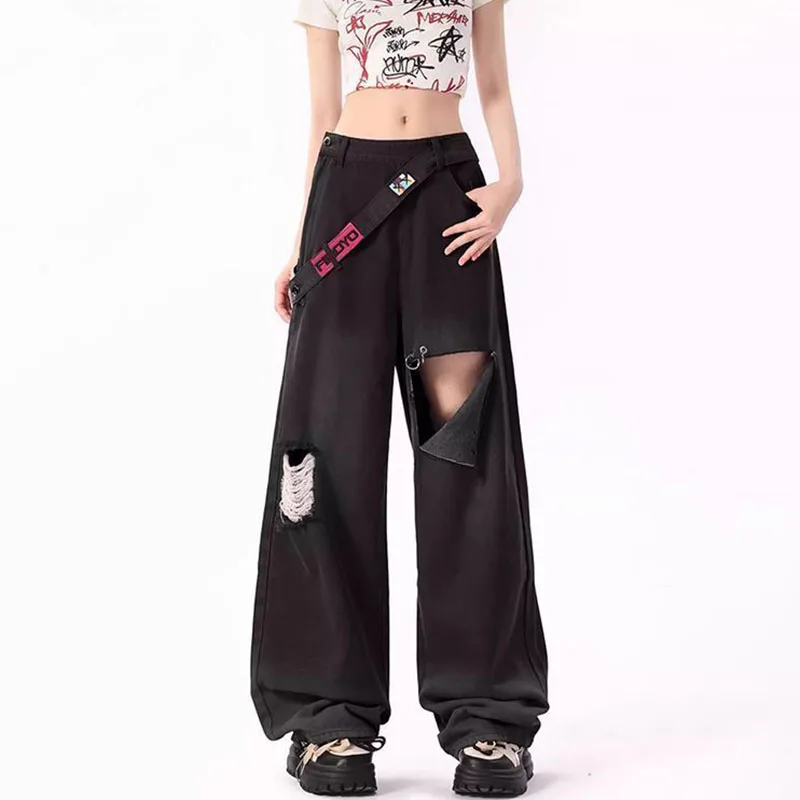 New Women's Ripped Denim Wide-leg Pants Spring Summer, Jeans Female Loose Perforated Straight Denim Trousers Side Zipper Tide