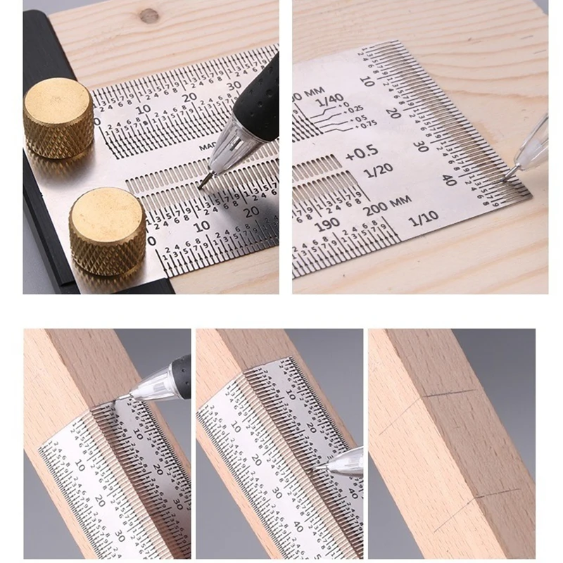 High-Precision Scale Ruler T-Type Hole Ruler Stainless Woodworking Scribing Mark Line Gauge Carpenter Measuring Tool