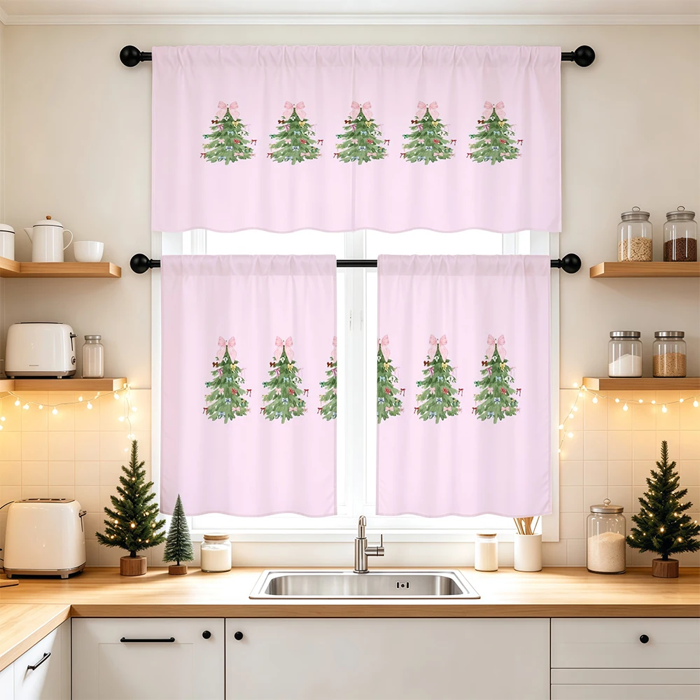 Christmas Winter Kitchen Curtains, Mini Trees Pink Bows, Digital Print, Kitchen Dining Room, Rod Pocket Polyester, Home Decor