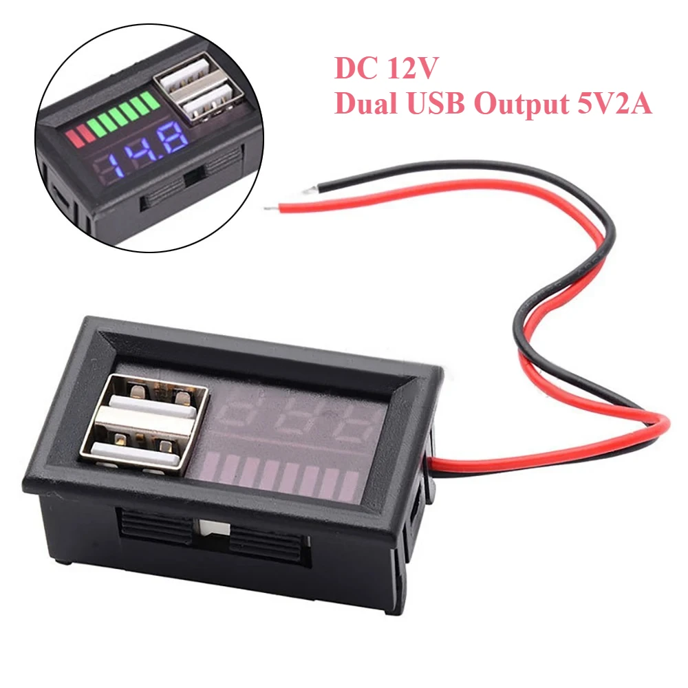 DC 12V Dual USB 5V2A Output LED Digital Display Voltmeter Mini Voltage Meter Battery Tester Panel for Cars Motorcycles Vehicles