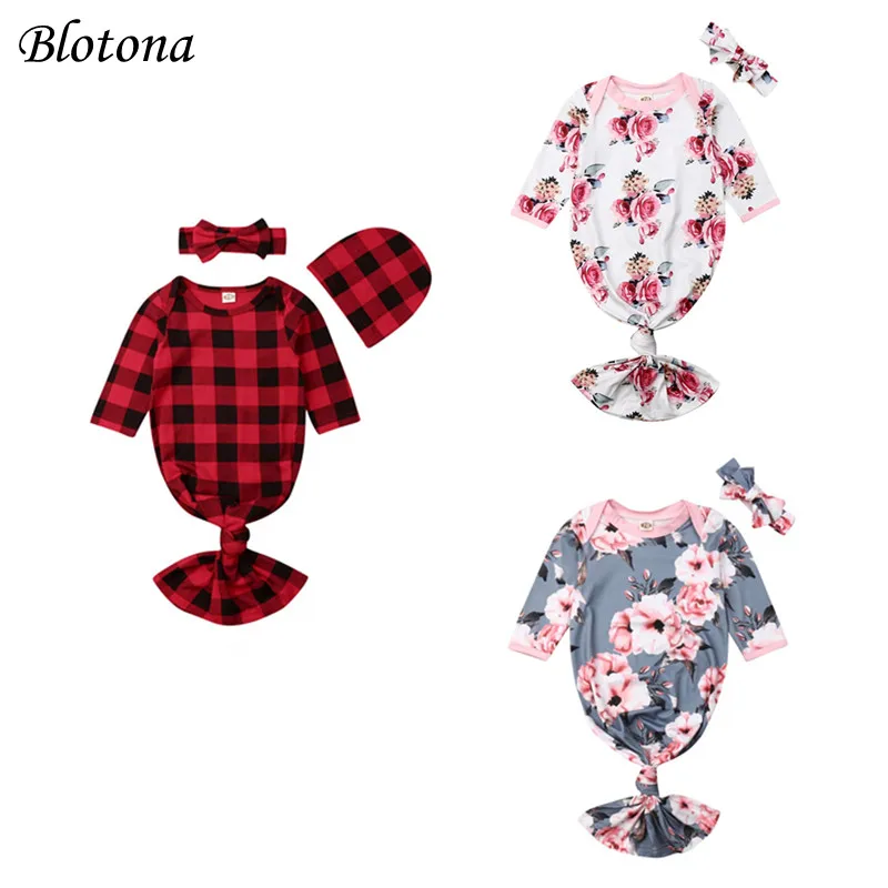 

Blotona Baby Sleeping Bag with Beanie Hat & Hairband, Long Sleeve Envelope Neckline Sleepwear, Plaid/Floral Print Nightgown