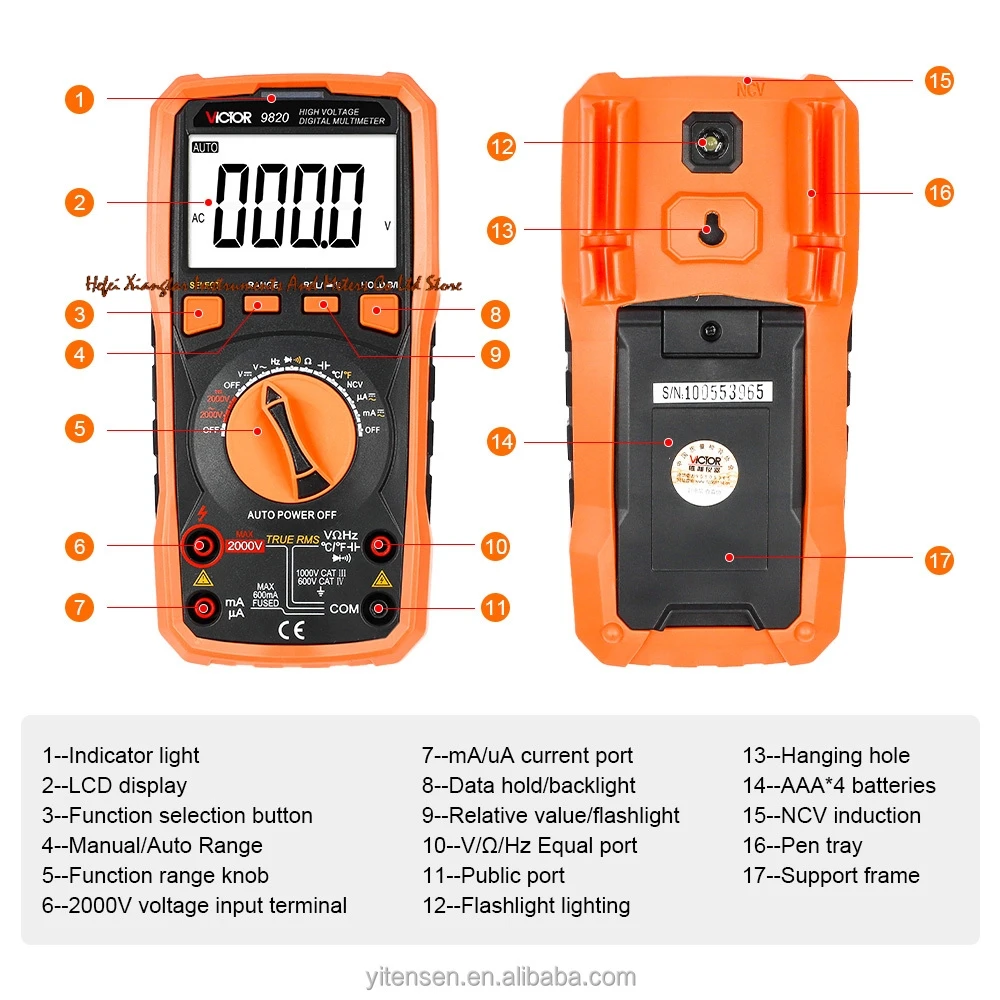 VICTOR 9820 VC9820 AC/DC digital multimeter NCV 6000 counts display multimeter High Voltage 2000V multimeterTrue RMS