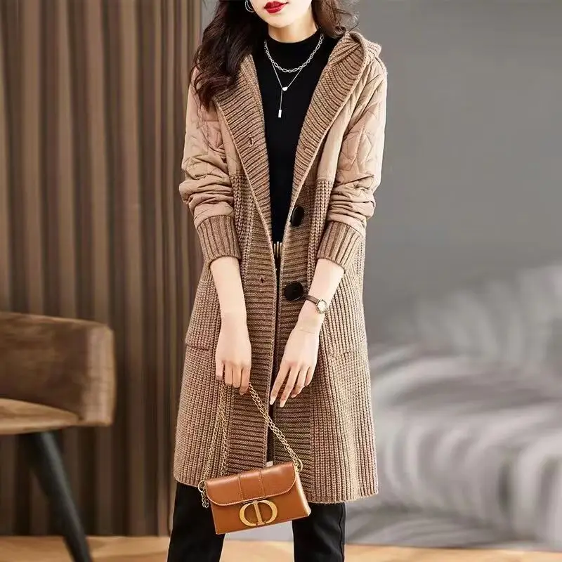 Women\'s Cardigan Coat Autumn Winter Patchwork Pockets Solid V-neck Long Sleeved Knitted Sweater Jacket Fashion Casual Lady Tops