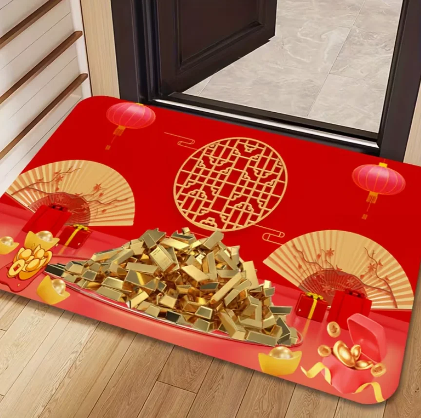 Frohes Neues Jahr-Fußmatte für das Jahr des Pferdes, rotes und goldenes Pferd mit Blumenmuster, Eingangsteppich für Wohnzimmer, Schlafzimmer, Teppiche
