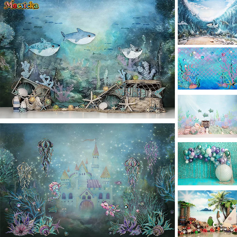 Photography Under the Sea Mermaid Girl Birthday Backdrop Ocean Bubble Baby Cake Smash Background Children Portrait Photo Studio