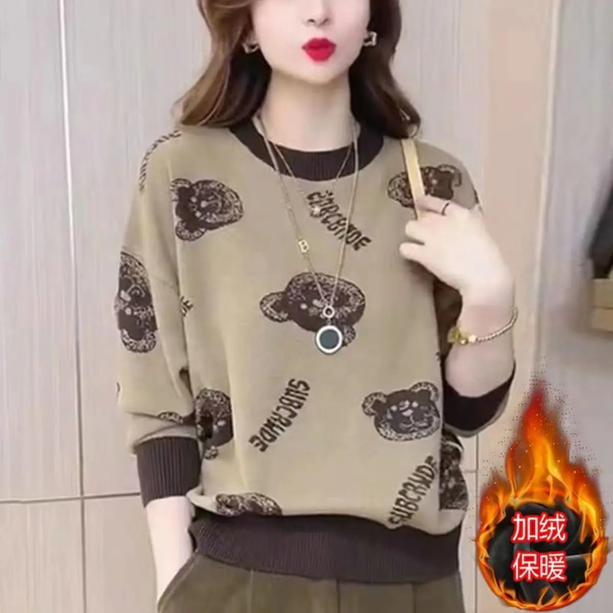 Vintage Fashion Animal Sweatshirts Women New Classic Long Sleeve Loose Casual O-collar Plush and Thicken Lady Top 2022