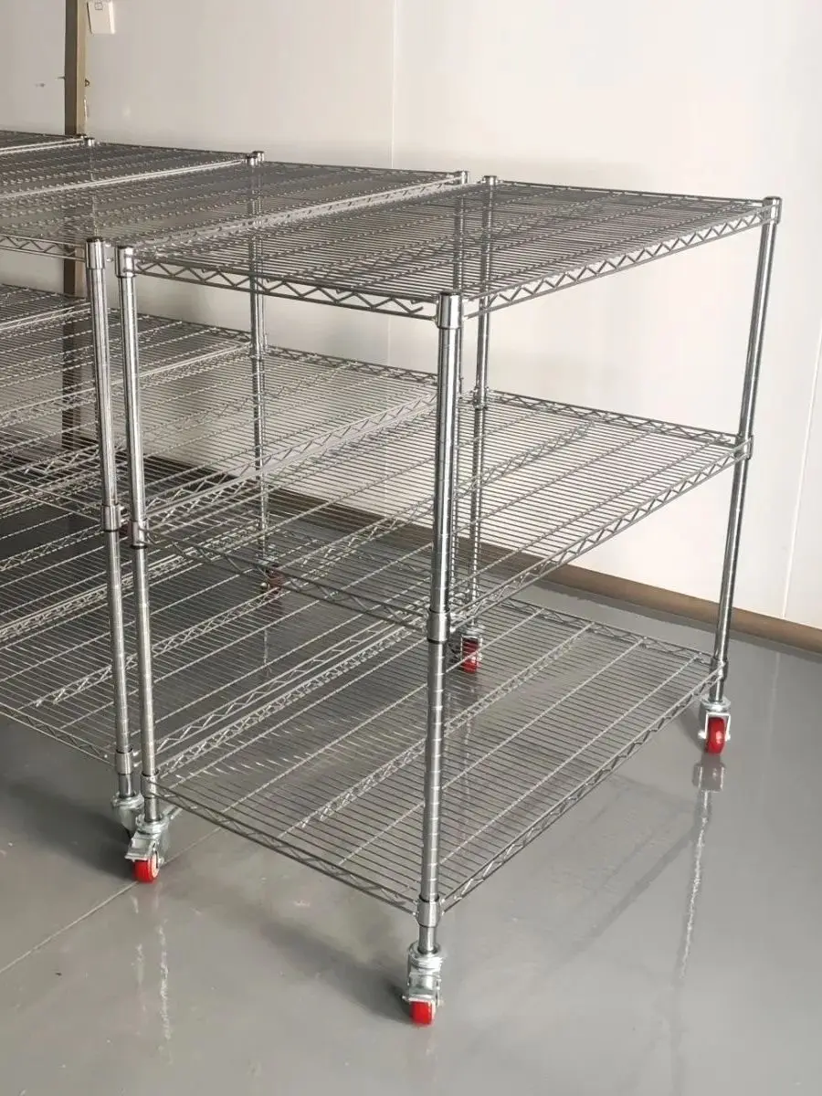 Chrome plated shelves, multi-layer warehouse, household kitchen storage rack, thickened anti-static wire mesh with wheels, movab