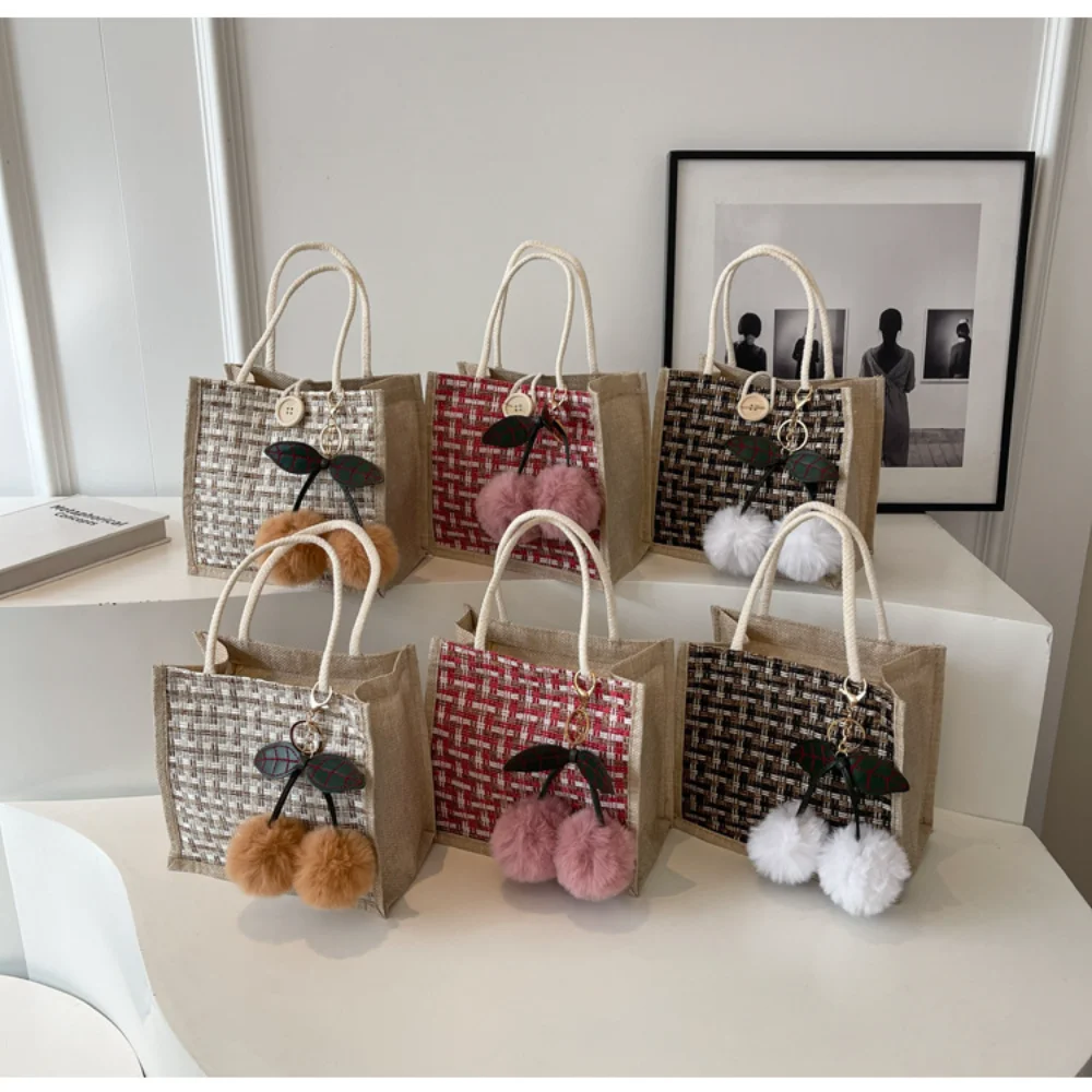 Braided Pattern Jute Tote Bag Ins Lunch Bags For Women Small Lunch Bag Food Storage Tote Bag Functional Portable Travel Picnic