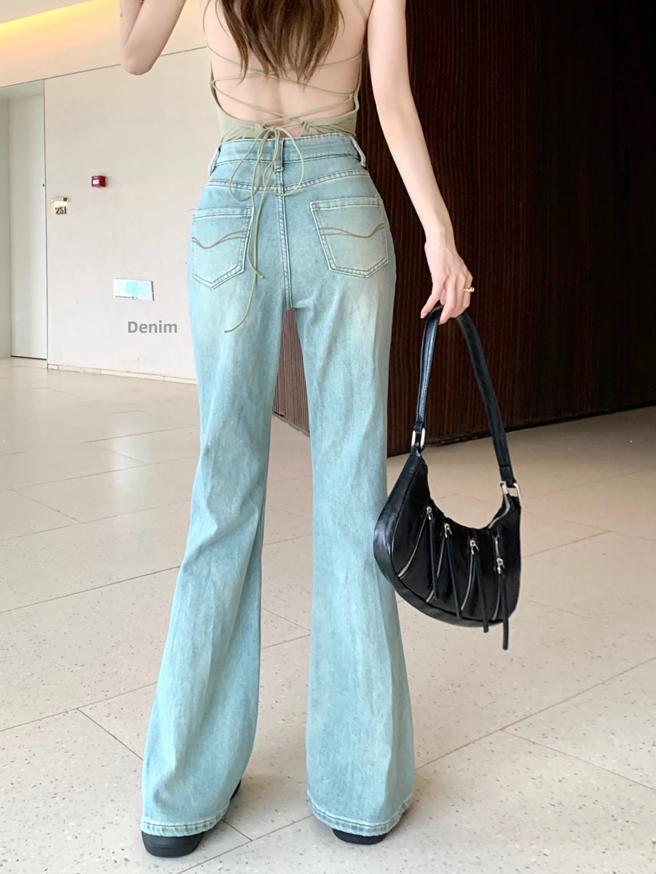 

Retro Washed Bell Bottom Blue Jeans Women's Summer Slim Straight Long Trousers High Waist Zipper Closure High Elasticity