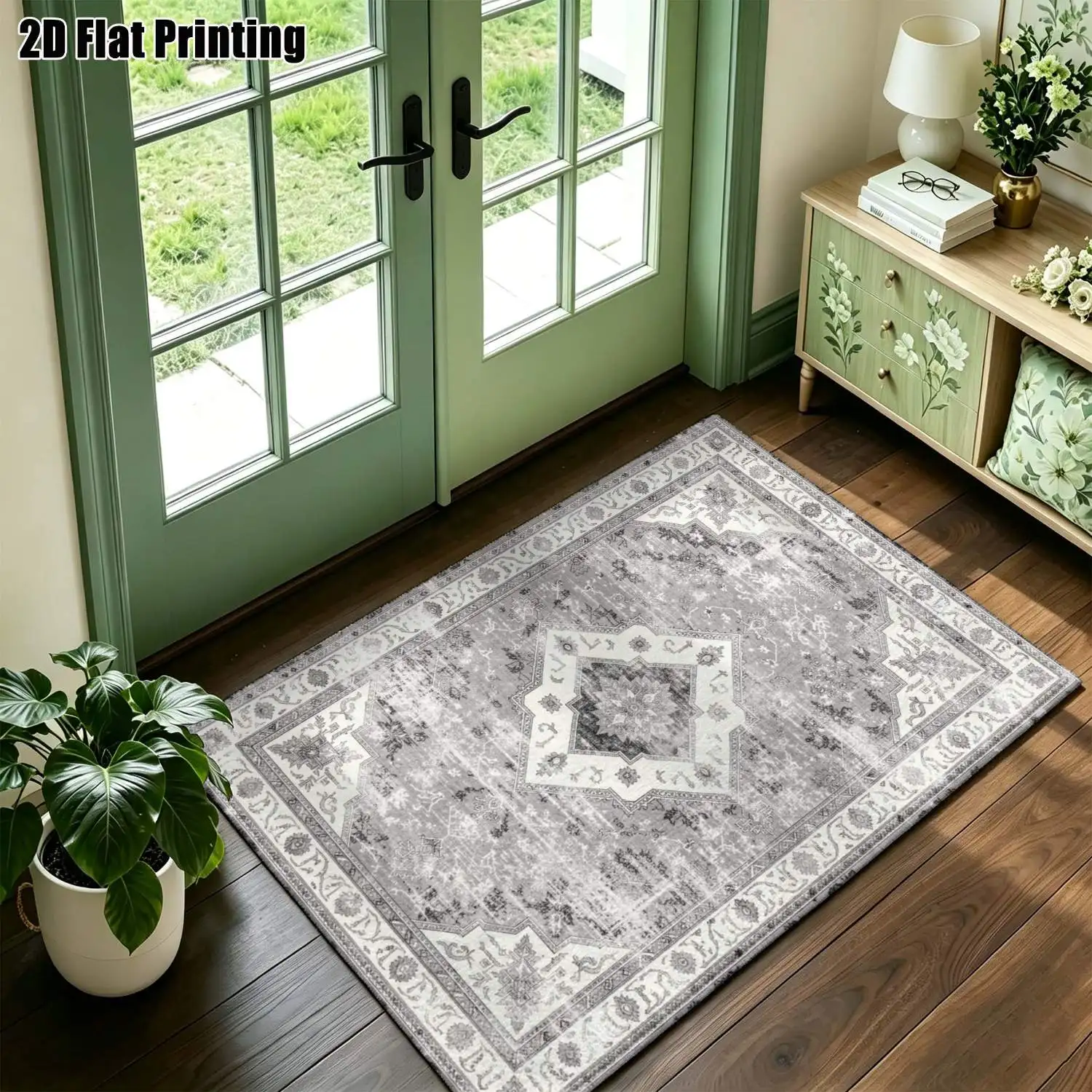 1Pc 2D Printed Carpet: Beige Base, Red-Edged Scrolling Flower Pattern European Vintage Style, Home Decor, Multi-Size, Machine Washable, for Entrance, Dining, Foyer, Bedroom, Study, Living Room.