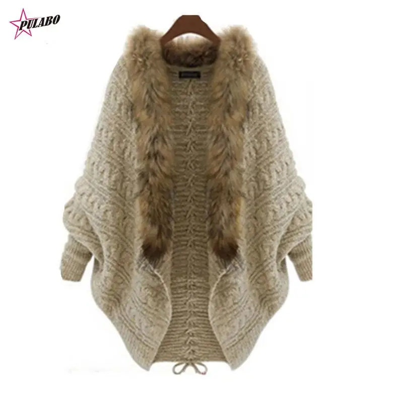 PULABO Winter Fashion Knitted Cardigan Women Bat Cape Shawl Collar Fashion Female Faux Fur Coats Overcoat Outwear