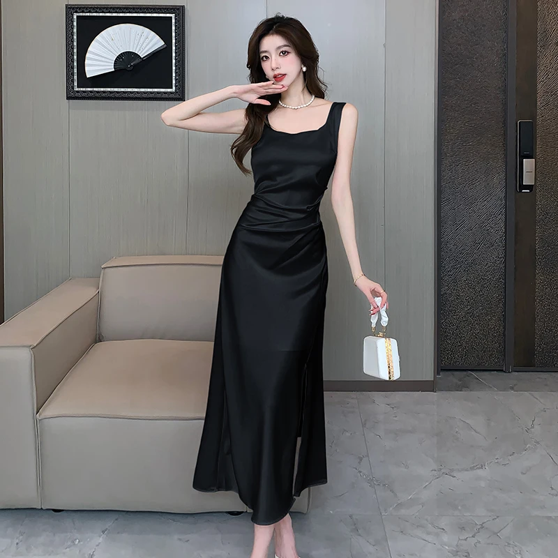 Moda coreana New Satin senza maniche Sling abiti bianchi Summer Evening Prom Party Slim Black Dress