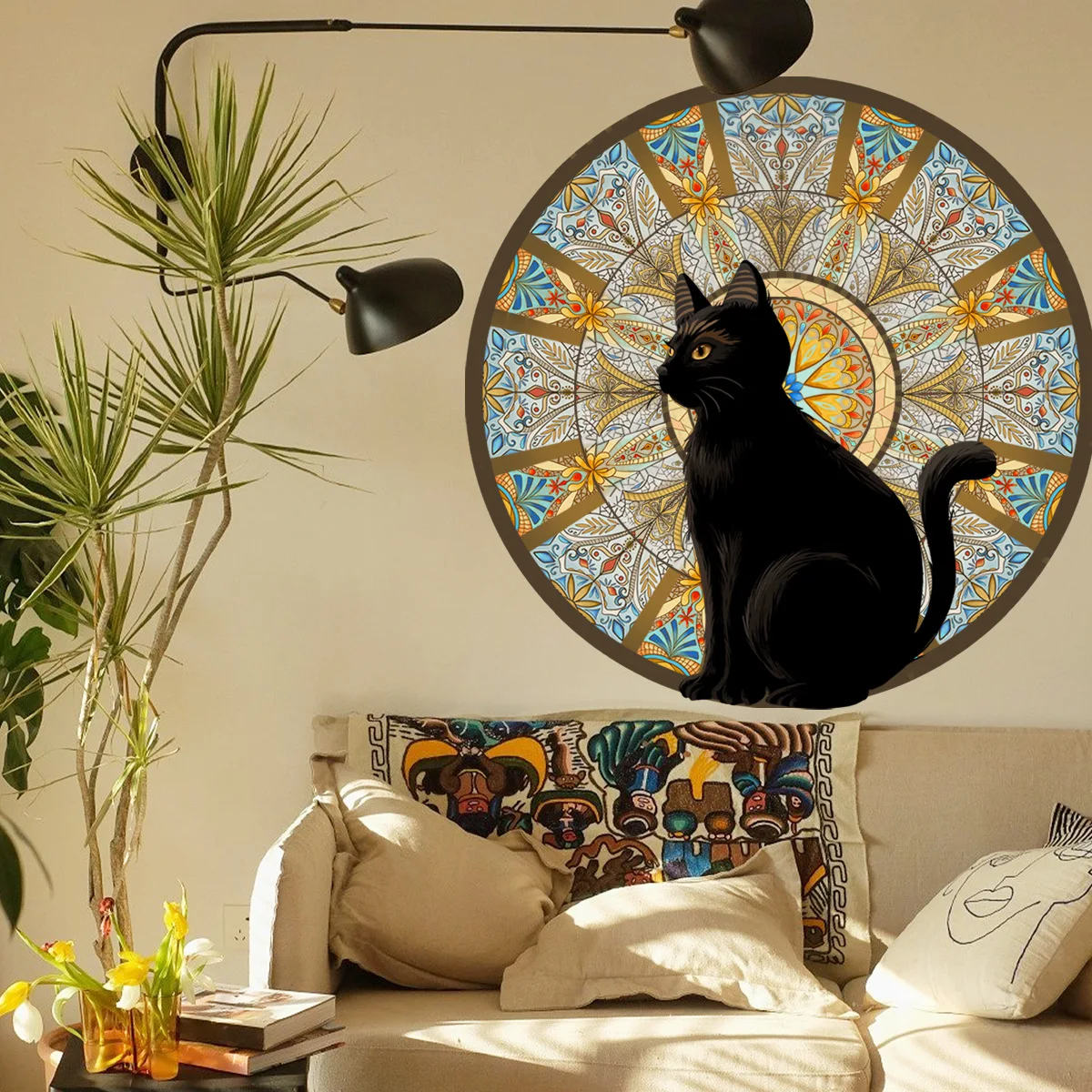 

Black Cat & Colorful Circles Wall Stickers - Faux Window Decals for Living Room & Bedroom, Peel & Stick Home Decor