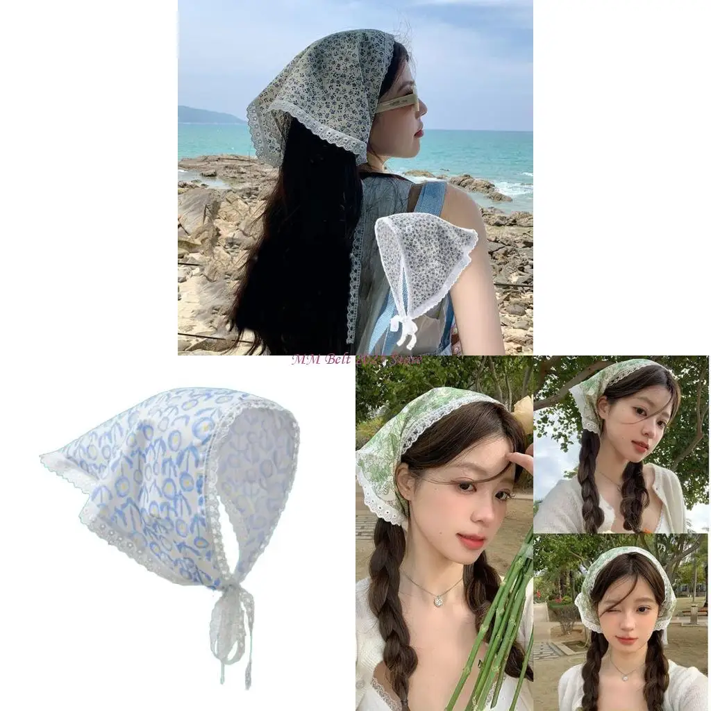 

49ME треугольный платок во французском стиле с цветочным принтом и кружевной отделкой для женщин, одежда для музыкального отдыха