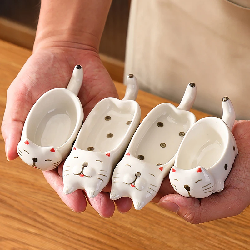 Cute Cat Ceramic Small Dish Mini Mustard Pesto Tomato Ketchup Soy Sauce Dish Seasoning Plates With Handle For Home Restaurant