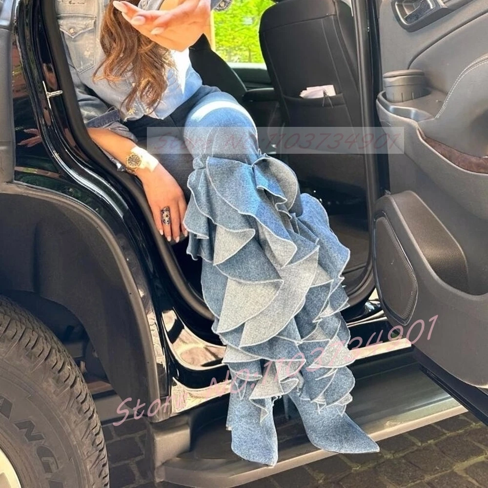 

Сапоги до колена с оборками и цветочным принтом, женские модные синие джинсовые туфли без шнуровки с острым носком, женские вечерние повседневные ботинки на высоком каблуке