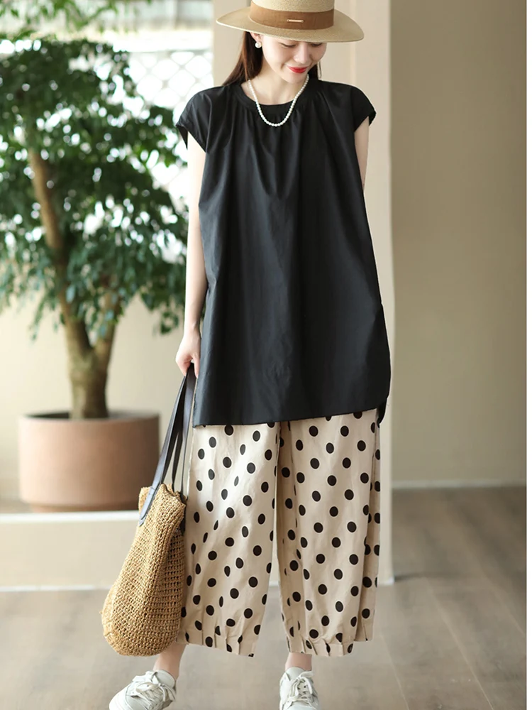 Japanese Sle Polka Dot Wide Leg Pants Women's Small Size Casual Cotton Linen Harlan Nine Point Pants Korean Sle Commute