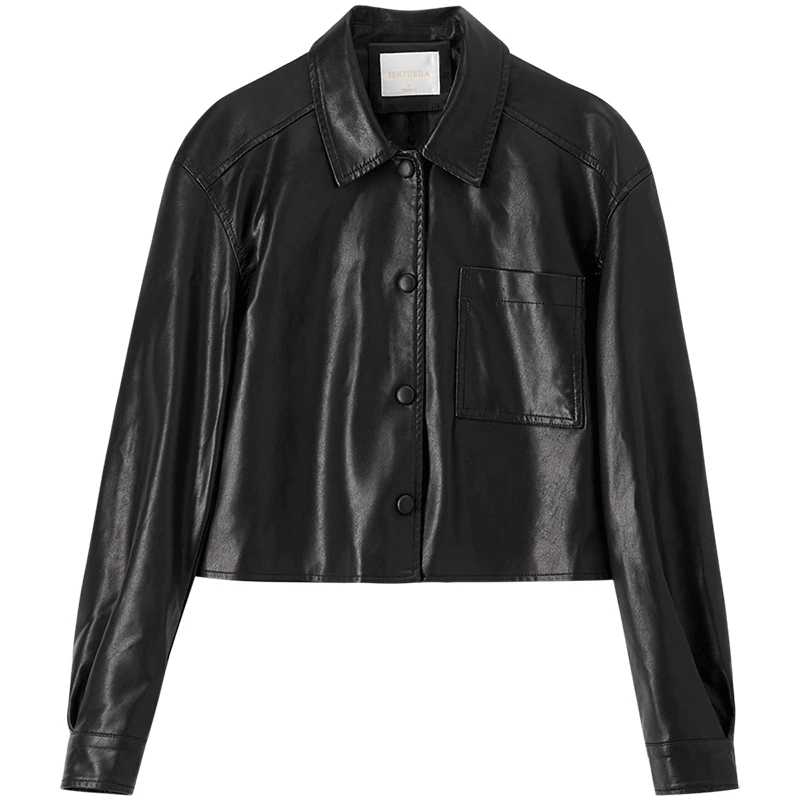 معاطف نسائية من جلد البولي يوريثان من SENTUBILA لخريف 2025 ملابس علوية كلاسيكية بياقة مقلوبة وأكمام طويلة ملابس خارجية نسائية قصيرة W51G73597 #6