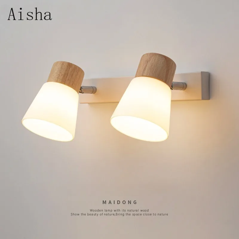 

Скандинавский деревянный настенный светильник для спальни, прикроватная лампа, японский массив дерева, стеклянный фон, бра, зеркало, фара, украшение интерьера