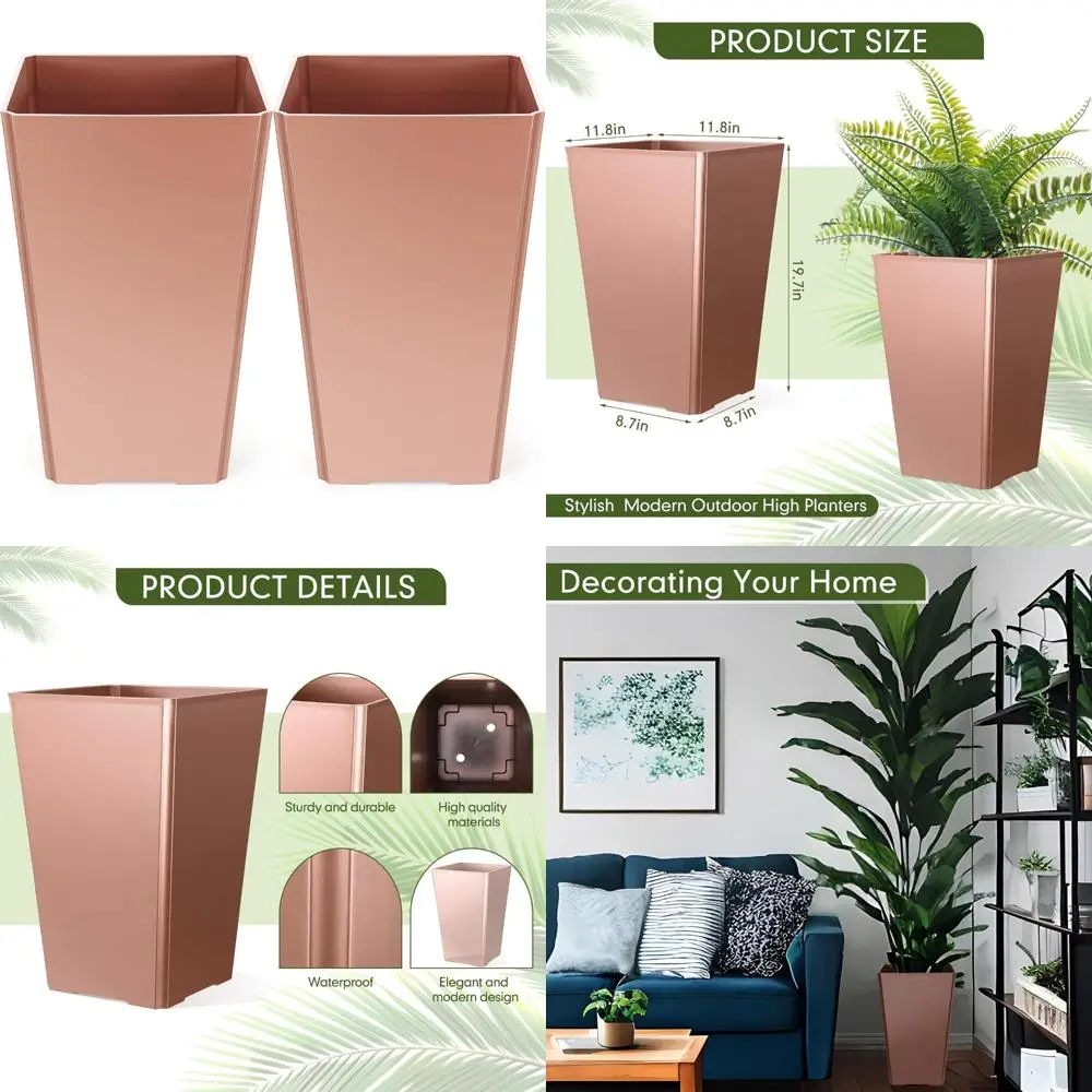 

Набор из 2 16-дюймовых больших конических горшков для цветов из смолы для улицы и помещения с дренажными отверстиями, современные для переднего крыльца, патио, бака