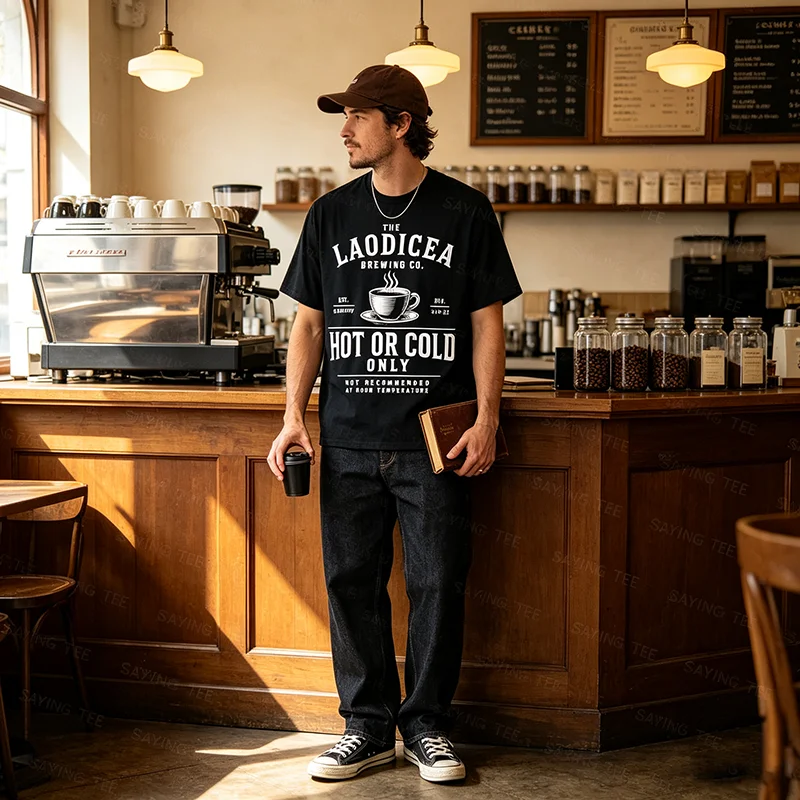 The Laodicea Brewing Co. Heiß- oder Kaltgetränk-T-Shirt mit Bibelvers-Spielerei, Y2K Lukewarm Christlicher Glaube Spruch T-Shirt, Neuheit Geschenk Mode – Detail 4