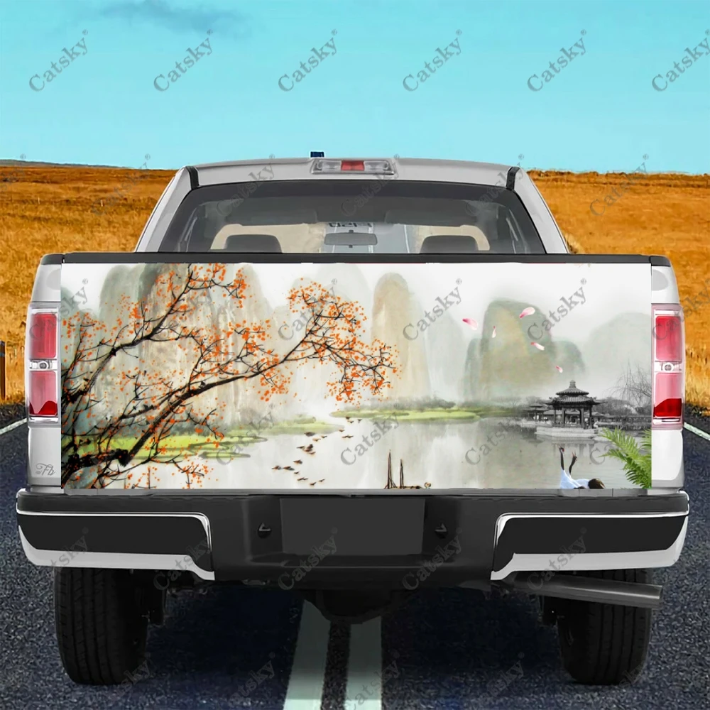 Plum and bamboo flower ink Car rear tail sticker modified package design painting suitable for SUV car truck package decal