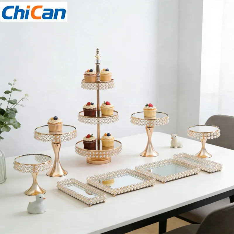 

【Hot】Cake Stand Set, 9 Piece Acrylic Mirror French Gold Dessert Display Stand with Trays for Wedding Birthday Party Bakery Decor