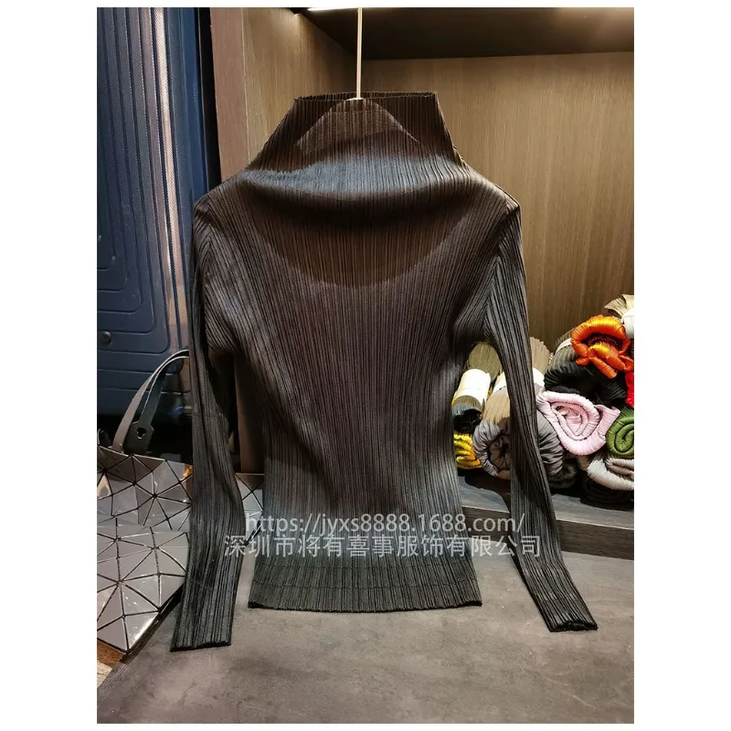 Miyake Pleated Solid Color Long-sleeved T-shirt Stand-up Collar Slim Fall Winter New Simple Commuter Bottoming Shirt Top Women's