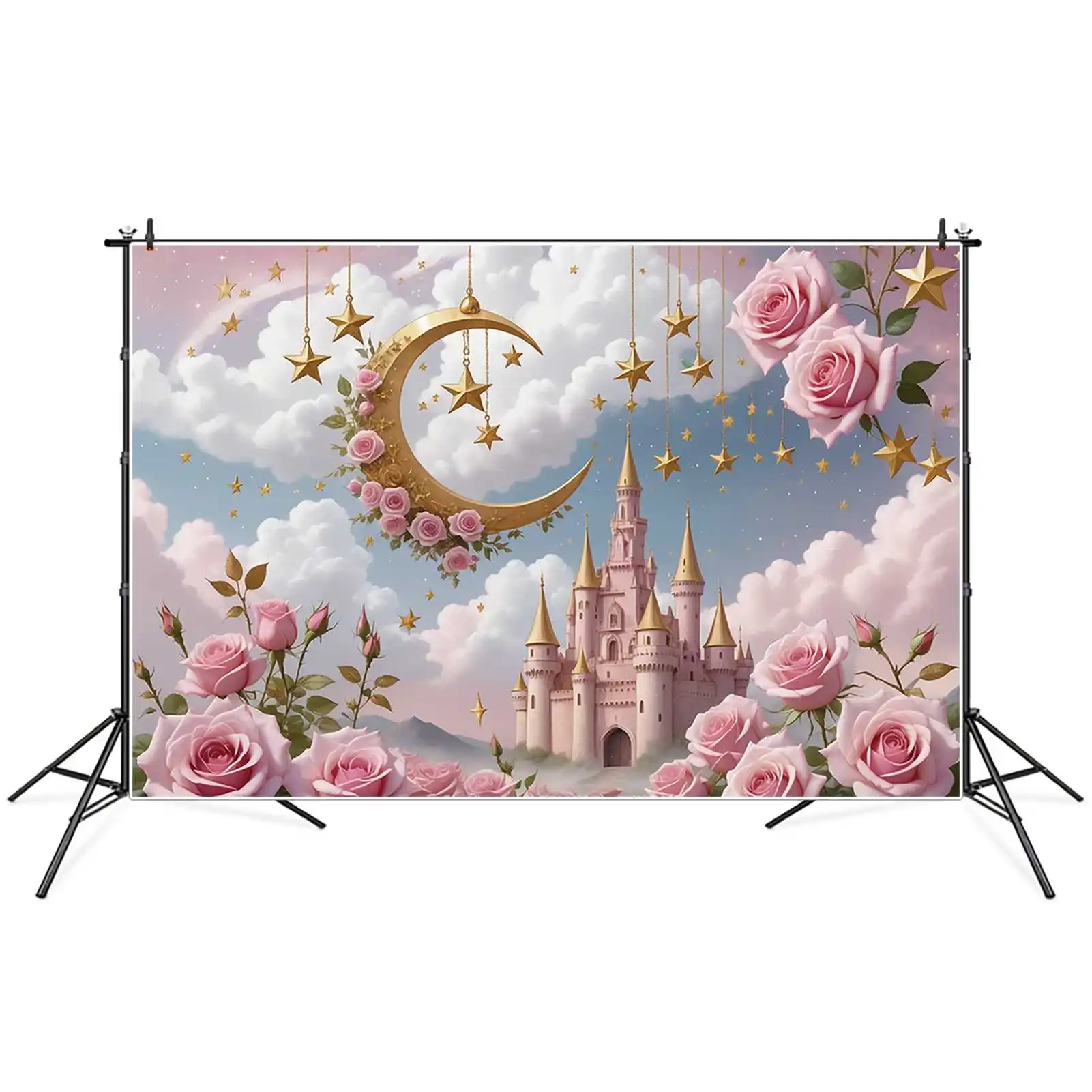 MOON.QG-Pink Rose Castle Backdrops, decoração personalizada do partido, fundo do aniversário, meninas crescente, fada estrela flores, adereços fotocall