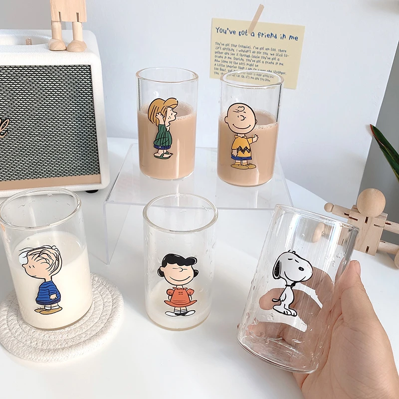 

350Ml Korea Ins Snoopy Charlie Round Glass Breakfast Milk Coffee Cup Transparent Juice Cup Summer Kawaii Cartoon Print Cup Gift