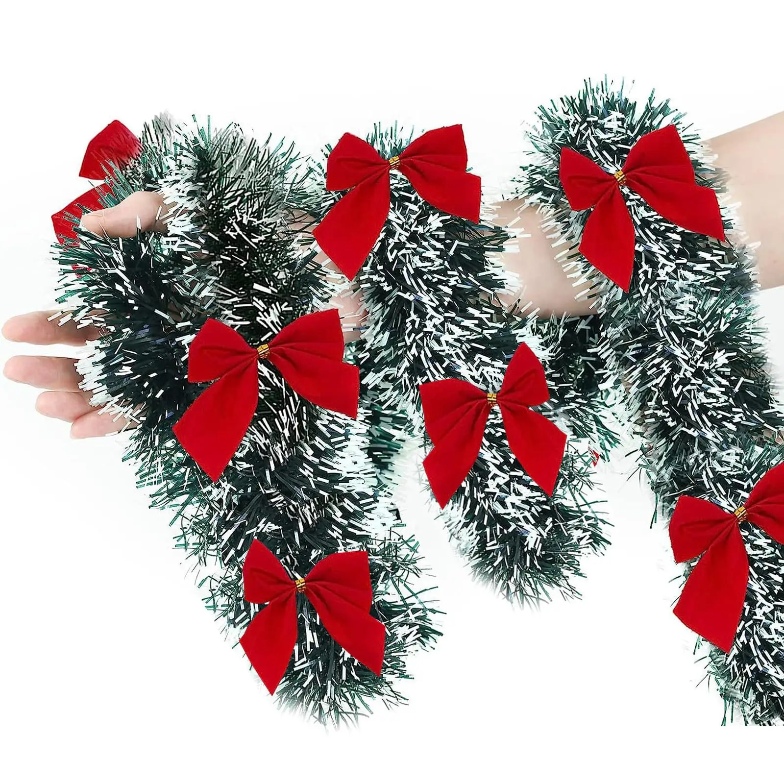 Künstliche Weihnachtsgirlande, Weihnachts-Lametta-Girlanden mit Schleife für DIY-Kranz, Weihnachtsbaumschmuck, Neujahr, Zuhause, Tischdekoration – Detail 1